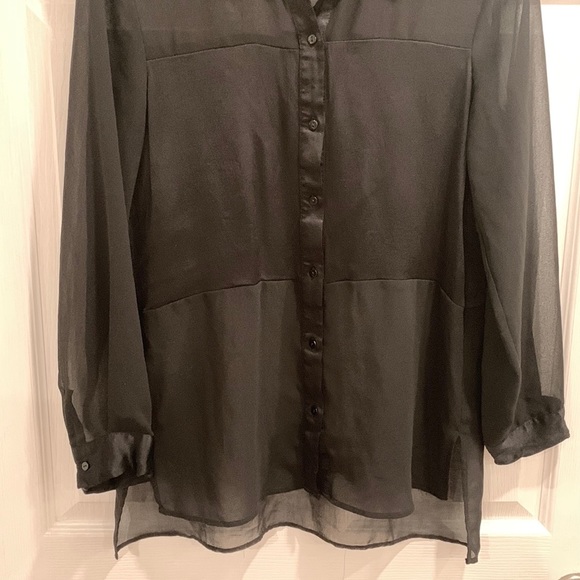 ZARA Sheer Satin Block Cutout Black Button Down Blouse - Picture 9 of 14